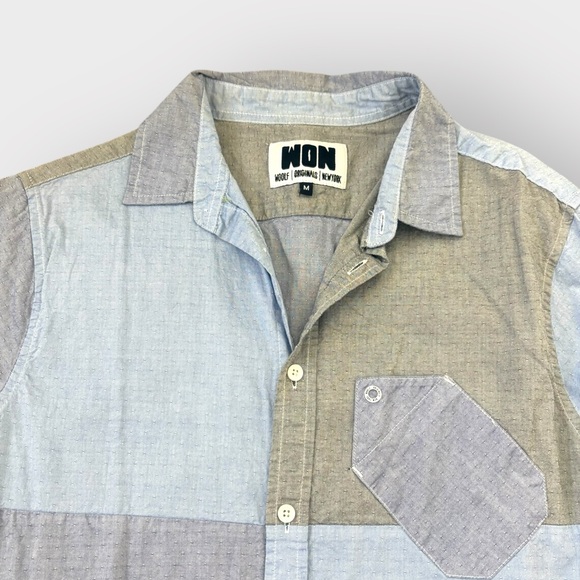 WON Woolf Men's Blue Gray Patchwork Colorblock Long Sleeve Button Down Shirt - Picture 2 of 5